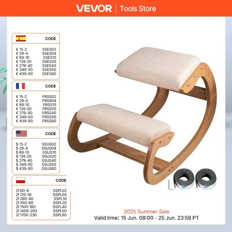 VEVOR Ergonomic Kneeling Chair Stool W/ Thick Cushion Home Office Chair Improving Body Posture Rocking Wood Knee Computer Chair