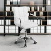 White Desk Chairs with Wheels/Armrests Modern PU Leather Office Chair Midback Adjustable Home Computer Executive Chair