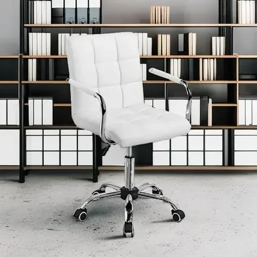 White Desk Chairs with Wheels/Armrests Modern PU Leather Office Chair Midback Adjustable Home Computer Executive Chair