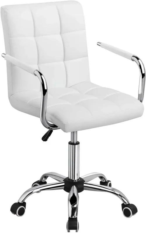 White Desk Chairs with Wheels/Armrests Modern PU Leather Office Chair Midback Adjustable Home Computer Executive Chair