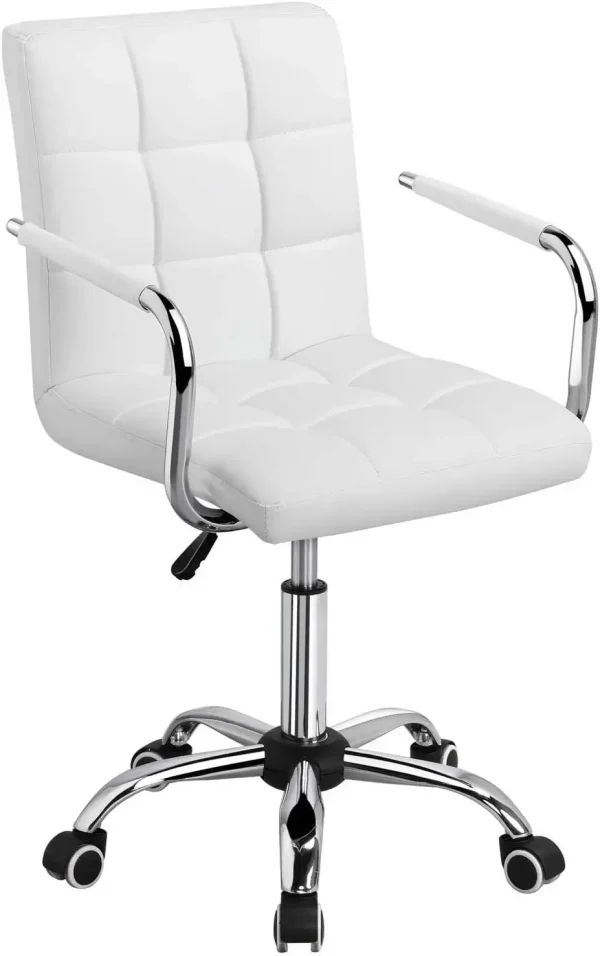 White Desk Chairs with Wheels/Armrests Modern PU Leather Office Chair Midback Adjustable Home Computer Executive Chair