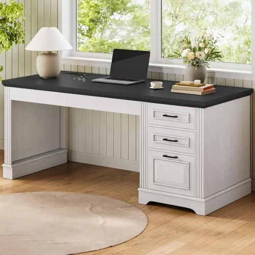 Farmhouse 55" Executive Desk, Computer Desk with Storage Drawers and Power Outlet, Home Office Desk, Workstation for Office