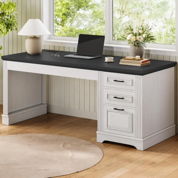 Farmhouse 55" Executive Desk, Computer Desk with Storage Drawers and Power Outlet, Home Office Desk, Workstation for Office