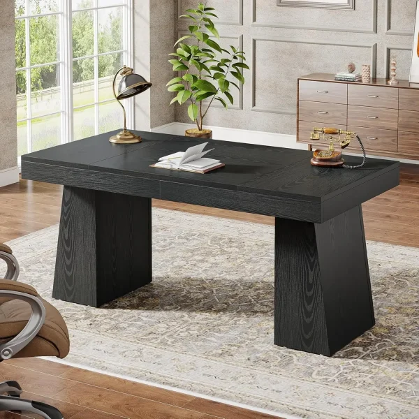 55 Inches Executive Desk, Mid-Century Modern Home Office Desk with Double Trapezoid Base, Wood Computer Desk Conference Table
