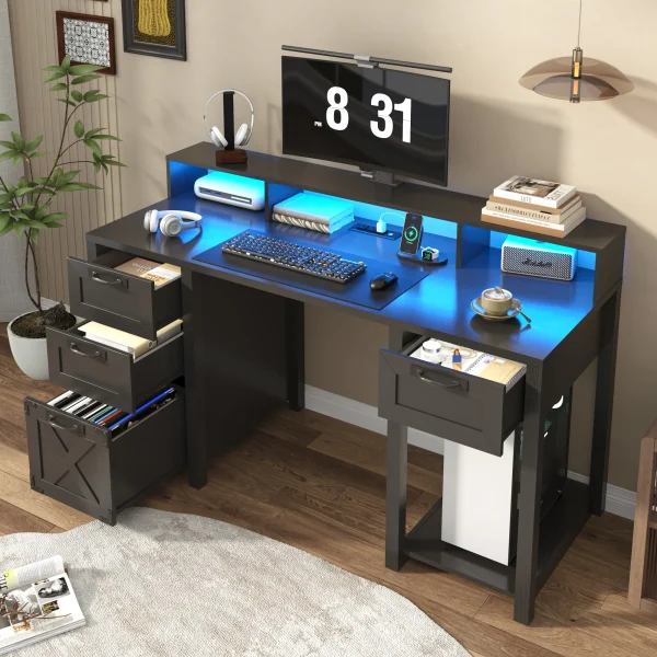 Farmhouse Computer Desk with 4 File Drawer & Power Outlet & Led Lights, 59" Wood Home Office Desk with Long Monitor Stand