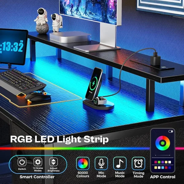 47 H Computer Desk With 4 Drawers, Gaming Desk With Led Lights & Power Outlets, Home Office Desk With Large Storage Space For
