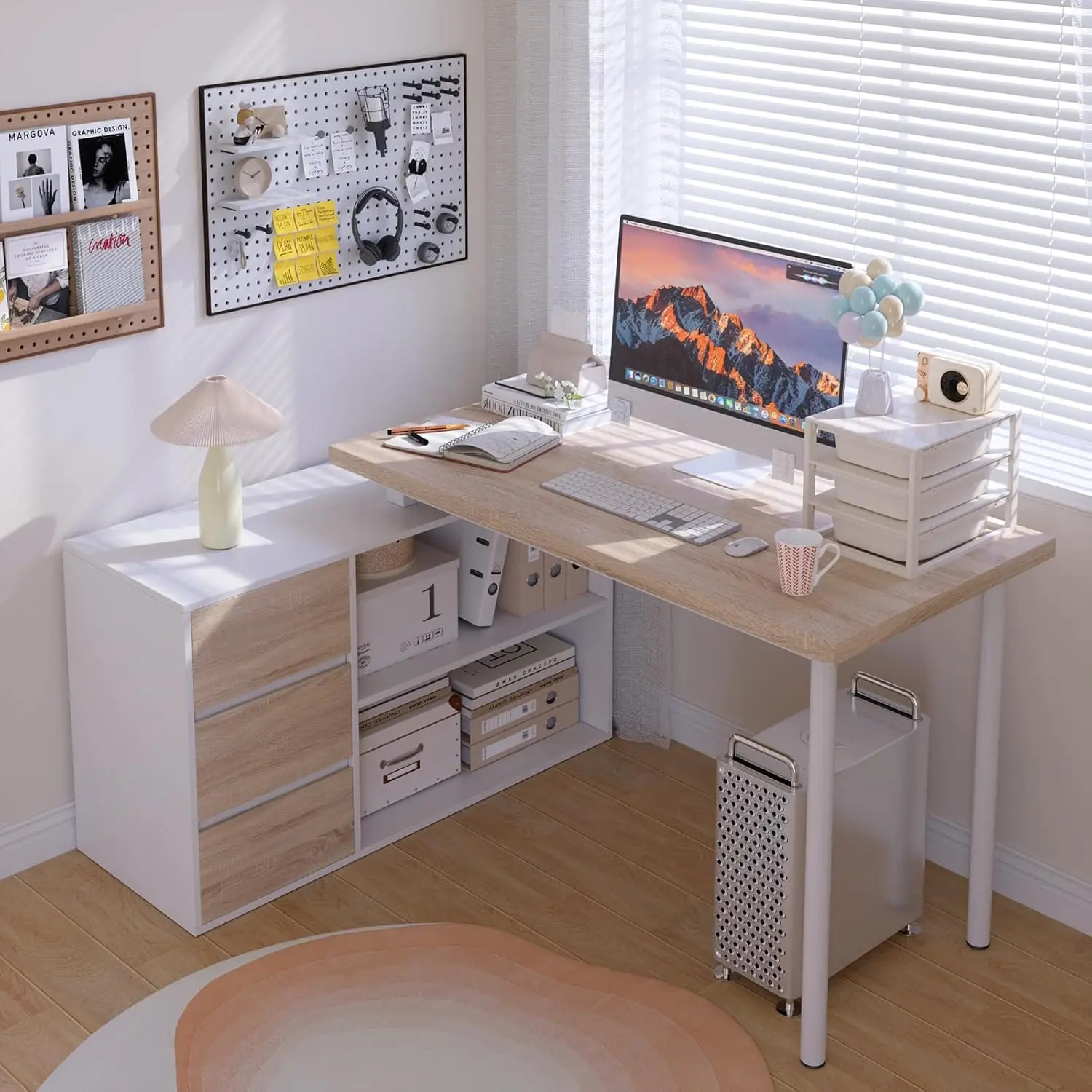 Home Office Computer Desk Corner Desk with 3 Drawers and 2 Shelves 53-inch L-Shaped Study Desk with Storage