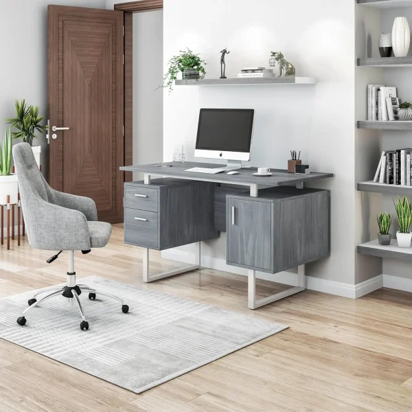 Modern Office Desk With Storage, Gray