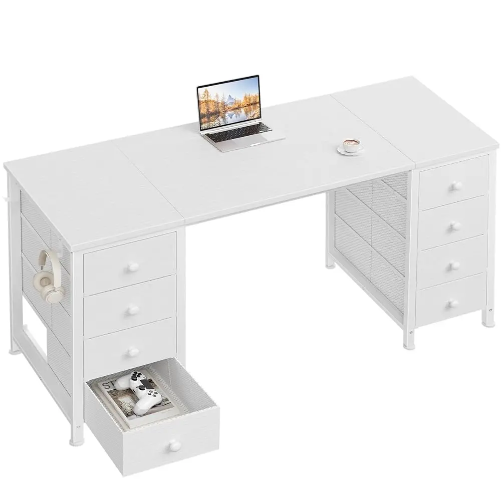 White Computer Desk With Drawers On Both Sides For Home Office, 55 H Girls Teens Desks With Storage Writing Study Table For