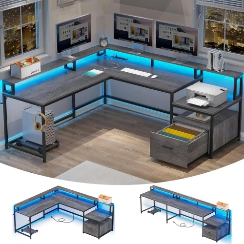 L Shaped Office Desk, 66" Home Office Desk with File Drawer & Power Outlet, Gaming Desk with Led Lights, Corner Computer Desk w