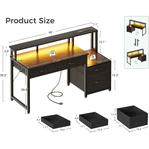 Computer Desk with 4 Drawers,48 Inch Reversible Desk with Led Lights & Power Outlet,Office Desk with File Drawer & Monitor Stand