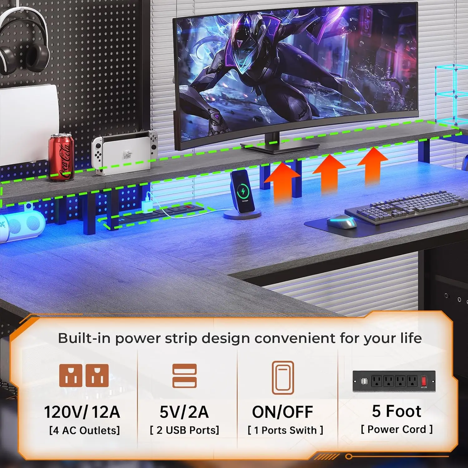 67" L Shaped Desk with Drawers, Computer Office Desk with Storage Shelves & Power Outlet, Reversible Gaming Desk with LED Lights - Image 5