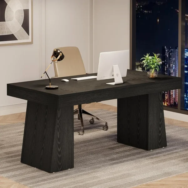 55 Inches Executive Desk, Mid-Century Modern Home Office Desk with Double Trapezoid Base, Wood Computer Desk Conference Table