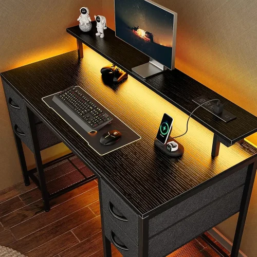 47 H Computer Desk With 4 Drawers, Gaming Desk With Led Lights & Power Outlets, Home Office Desk With Large Storage Space For