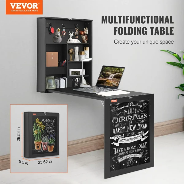 Space Saving Computer Desk with Storage Area Multi-Function Folding Wall Table Wall Mounted Desk with Chalkboard for Home Office
