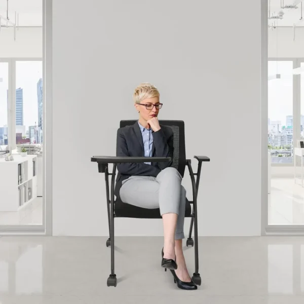 Foldable Desk Chair Stacking Tablet Arm Chair with Caster Wheels for Office School Classroom Training