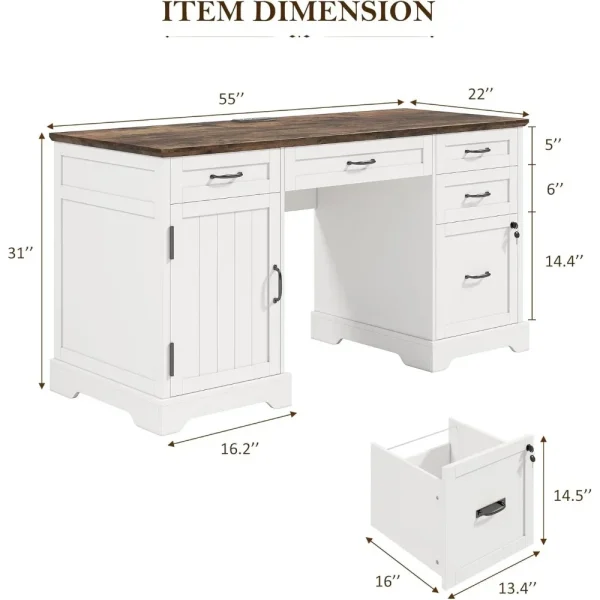 55'' Farmhouse Executive Desk, Home Office Desk with Drawers, Wood Computert Desk with File Cabinet and Power Outlets